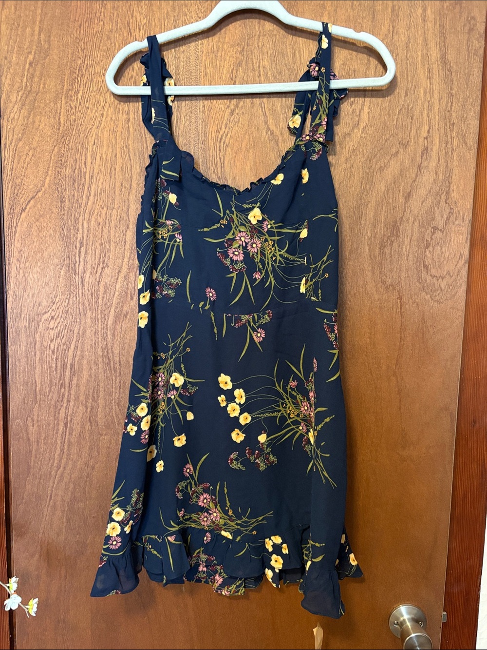 Reformation Navy Floral Ruffle-Hem Mini Dress